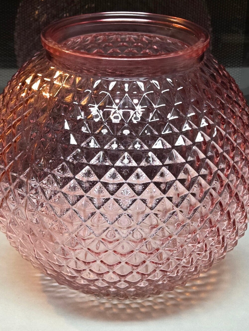 Pink Textured Glass Vase or Hurricane Jar Featuring a Distinctive Diamond-Quilt